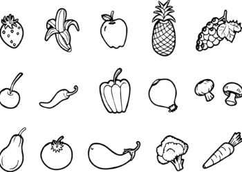 Ringkasan mewarnai gambar buah dan sayuran untuk anak-anak untuk melepaskan kreativitas
