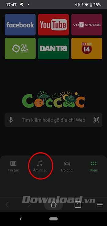 Instructions for listening to music on Coc Coc