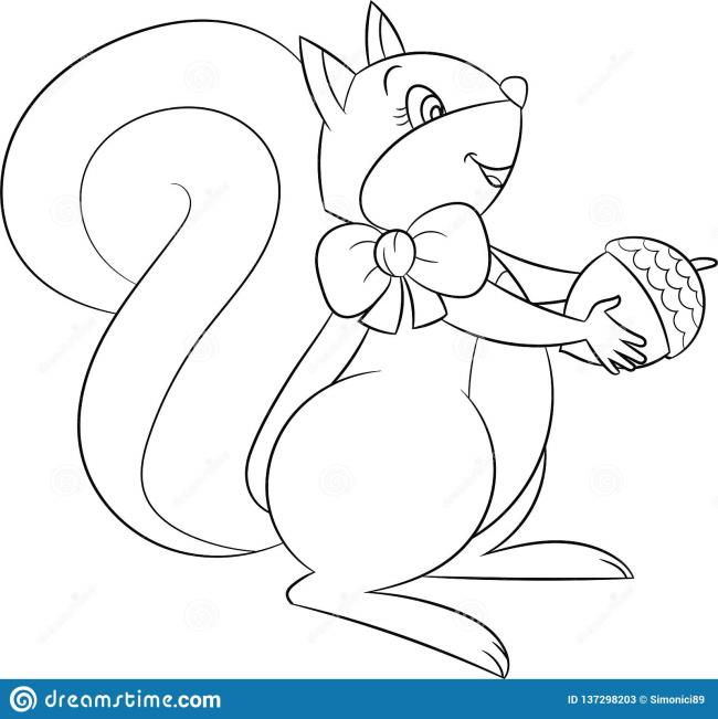 Cute Kawaii Black And White Squirrel With Acorn, In Contour, Perfect For  Children`s Coloring Book Stock Vector - Illustration of card, comic:  137298203