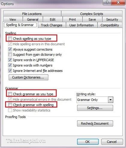 Word - Remove the check spelling in text