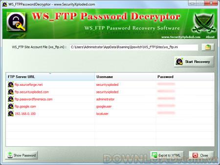 WS_FTP Password Decryptor 1.5 - استعادة كلمات مرور تسجيل الدخول إلى FTP