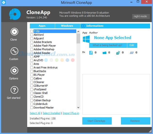 CloneApp 1.04.34 - Sicherungseinstellungen der installierten Software