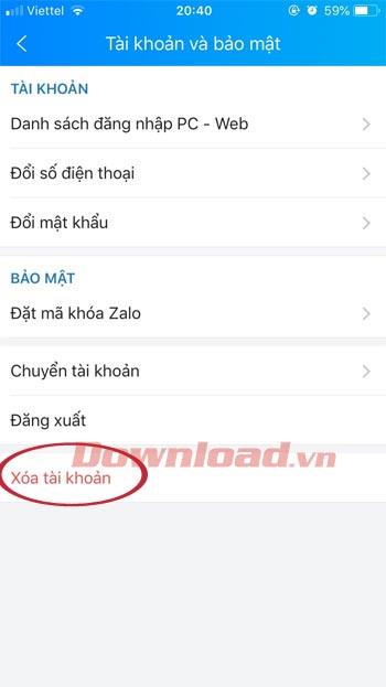 How to delete account Zalo on the phone