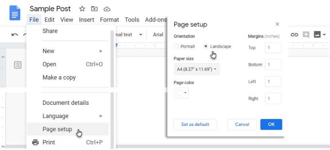 Come cambiare l'orientamento della pagina su Google Documenti in orizzontale