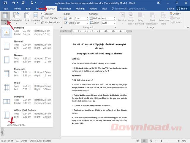 How to align 2-sided printed pages symmetrically in Word