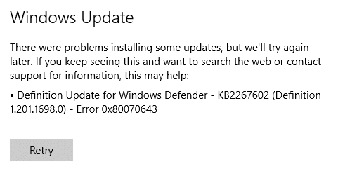 La actualización de Windows Defender falla con el error 0x80070643