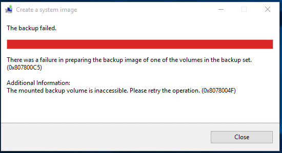 La correction de la sauvegarde Windows a échoué avec l'erreur 0x807800C5