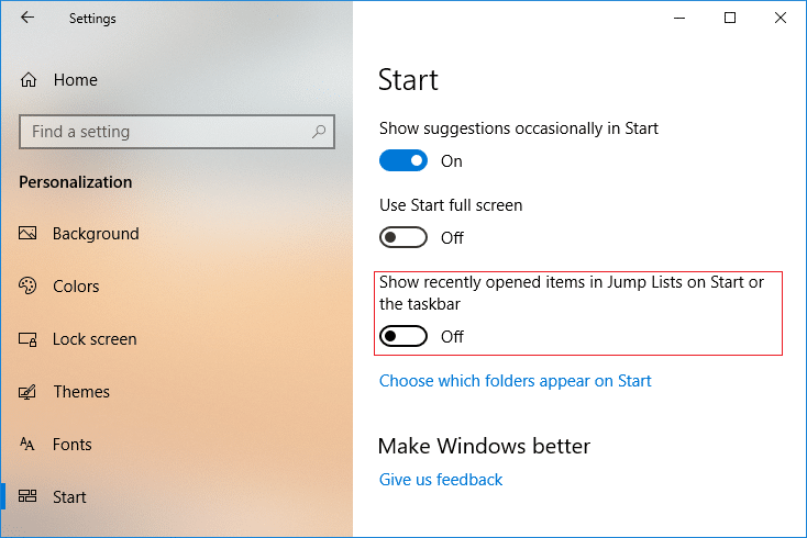 Désactiver les éléments récents et les lieux fréquents dans Windows 10