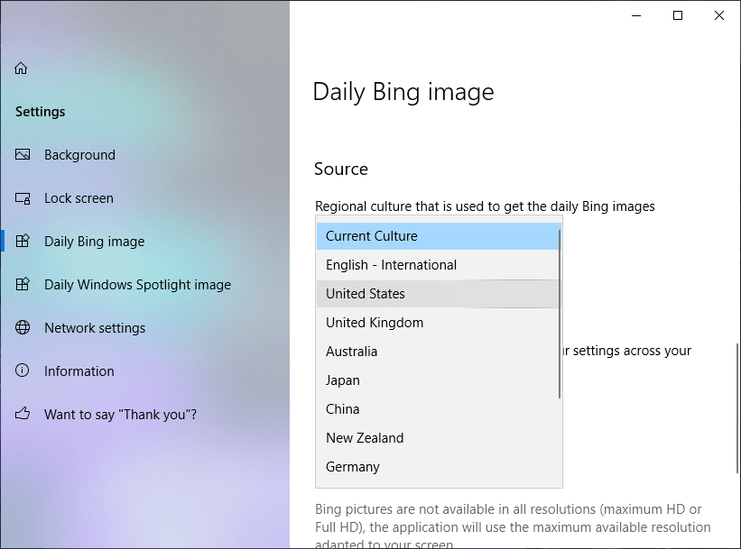 Establecer la imagen diaria de Bing como fondo de pantalla en Windows 10