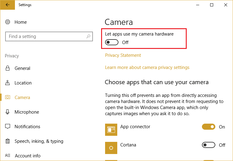 Permitir o denegar el acceso de aplicaciones a la cámara en Windows 10