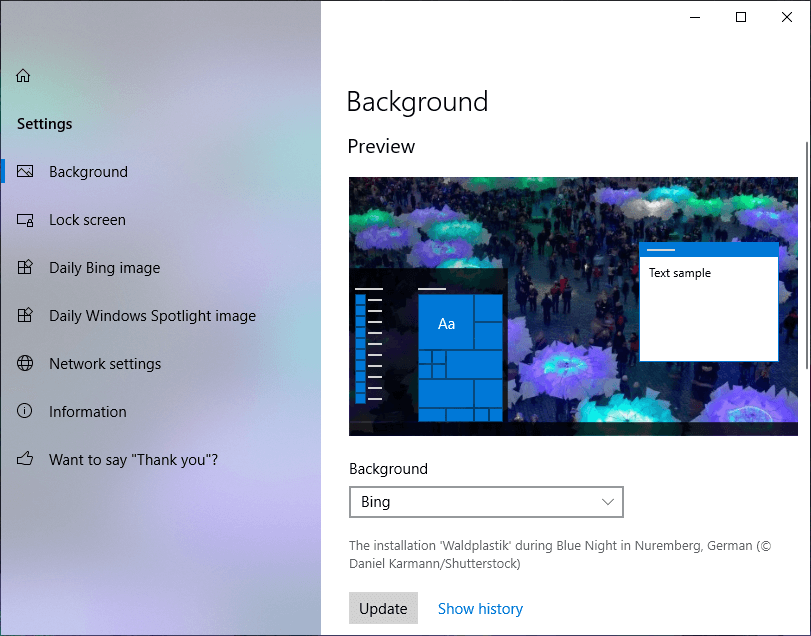 Установите изображени�� Daily Bing в качестве обоев в Windows 10