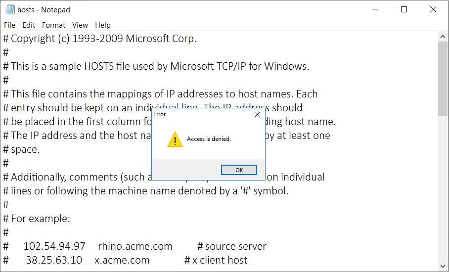 Risolto il problema con l'accesso negato durante la modifica del file hosts in Windows 10
