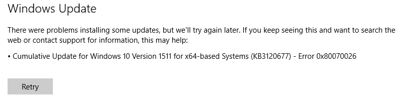 Correction de l'erreur de mise à jour Windows 0x80070026