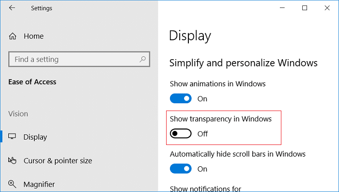 Abilita o disabilita gli effetti di trasparenza in Windows 10