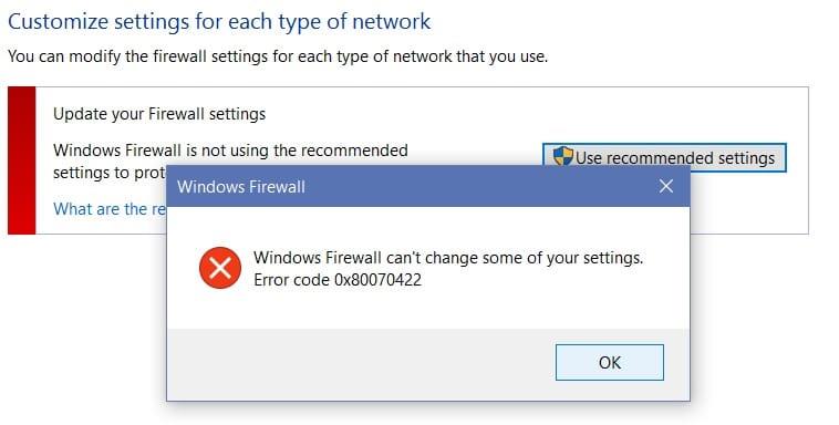 Betulkan Tidak dapat menghidupkan kod Ralat Windows Firewall 0x80070422