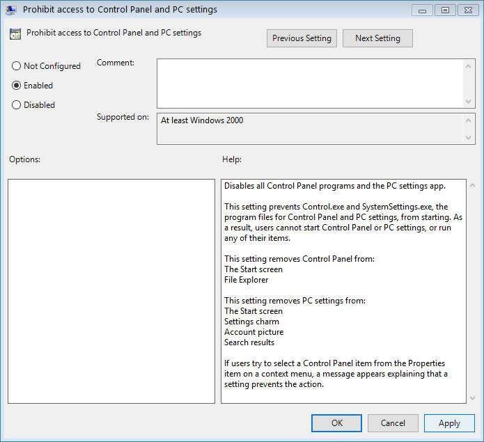 Aktifkan atau Nonaktifkan Panel Kontrol dan Aplikasi Pengaturan Windows 10