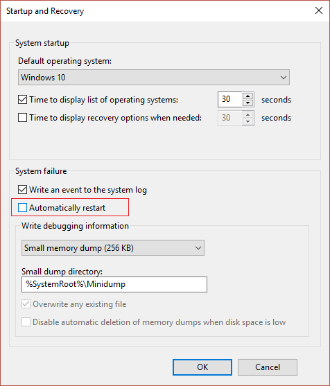 Disabilita il riavvio automatico in caso di errore di sistema in Windows 10