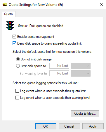 Включение или отключение принудительного ограничения дисковой квоты в Windows 10