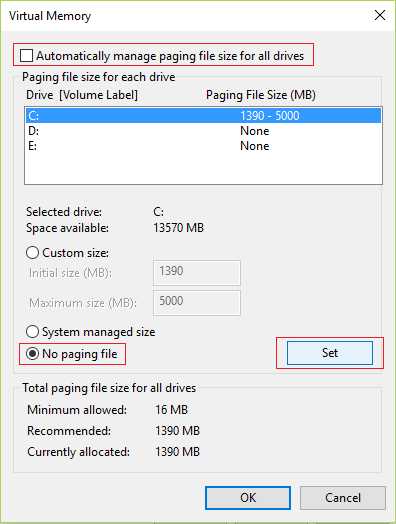 Deshabilite el archivo de paginación de Windows y la hibernación para liberar espacio