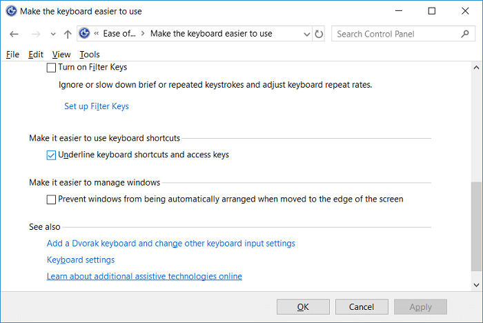 Habilitar o deshabilitar los accesos directos de las teclas de acceso subrayado en Windows 10 Habilitar o deshabilitar los accesos directos de las teclas de acceso subrayado en Windows 10