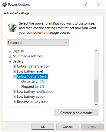 Изменить критический уровень заряда батареи в Windows 10