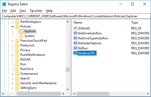 Nascondi elementi dal pannello di controllo in Windows 10