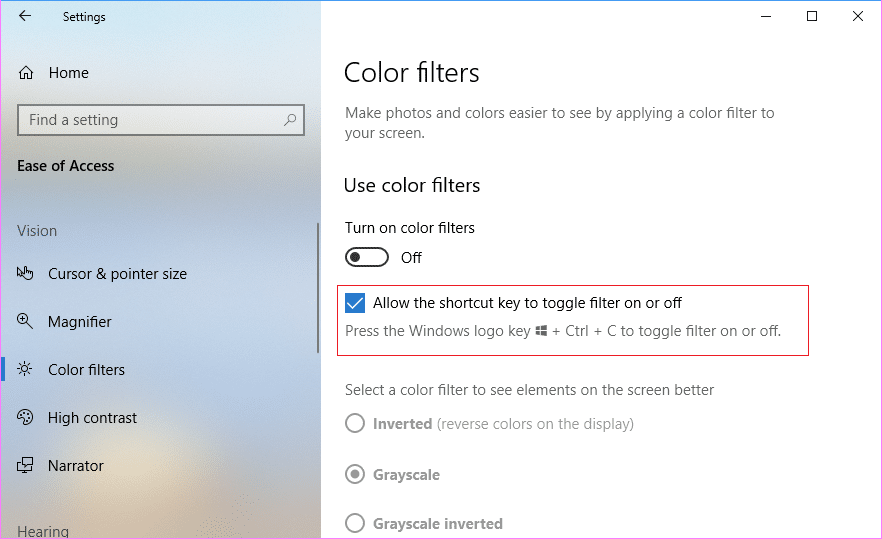 Abilita o disabilita i filtri colore in Windows 10