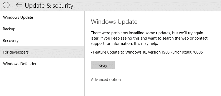 Perbaiki Kesalahan Pembaruan Windows 0x80070005