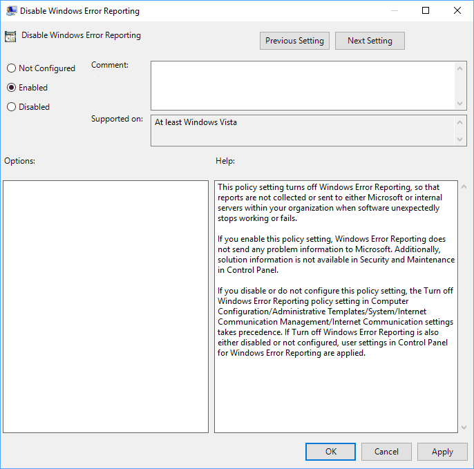 Activer ou désactiver le rapport d'erreurs Windows dans Windows 10