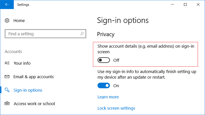 Masquer l'adresse e-mail sur l'écran de connexion Windows 10