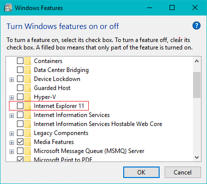 Bagaimana untuk menyahpasang Internet Explorer daripada Windows 10