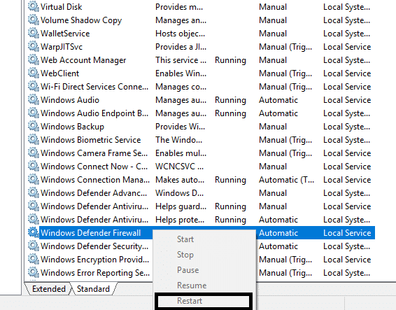แก้ไขไม่สามารถเปิดใช้งานไฟร์วอลล์ Windows Defender