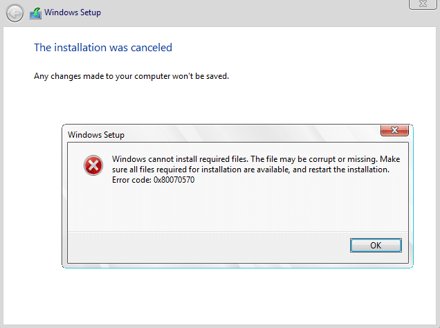 Fix Windows ne peut pas installer les fichiers requis 0x80070570