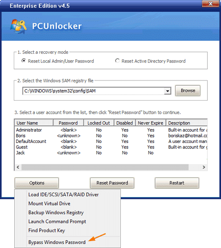 Восстановление забытых паролей Windows 10 с помощью PCUnlocker
