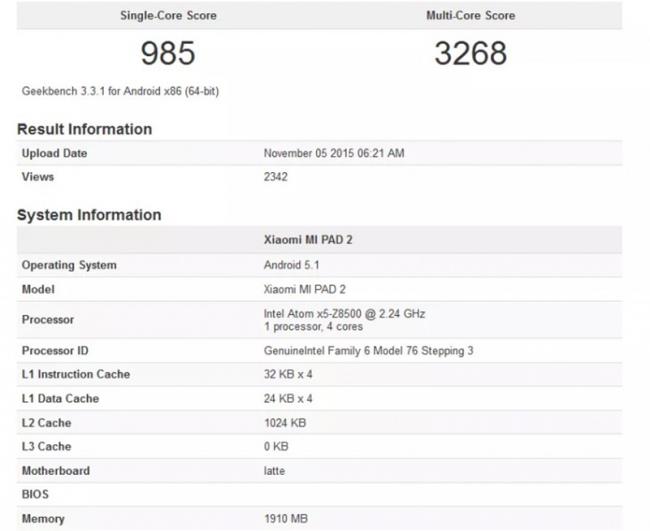 Xiaomi Mi Pad 2 equipped with 2K screen, running Intel chip detected