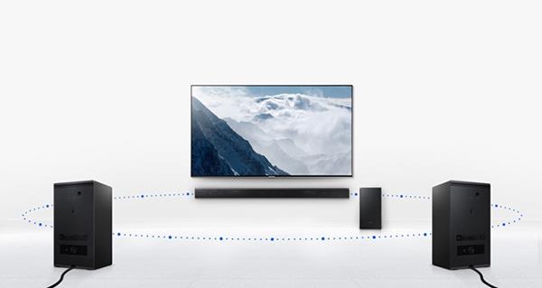 Smart TV SAMSUNG NU7400 4K dikombinasikan dengan sound bar HW-M450 / XV - Bioskop rumah