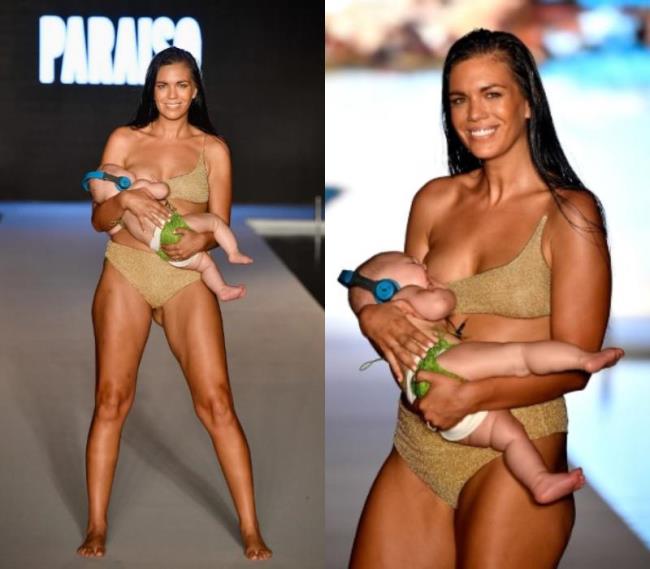 MOTHER - Bikini model's mother breast-feeding while performing on the catwalk