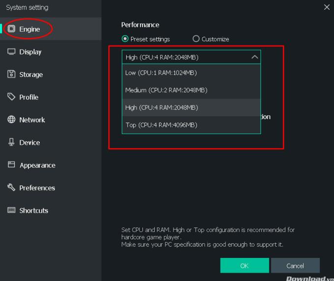 Bagaimana untuk menetapkan CPU dan RAM pada emulator MEmu