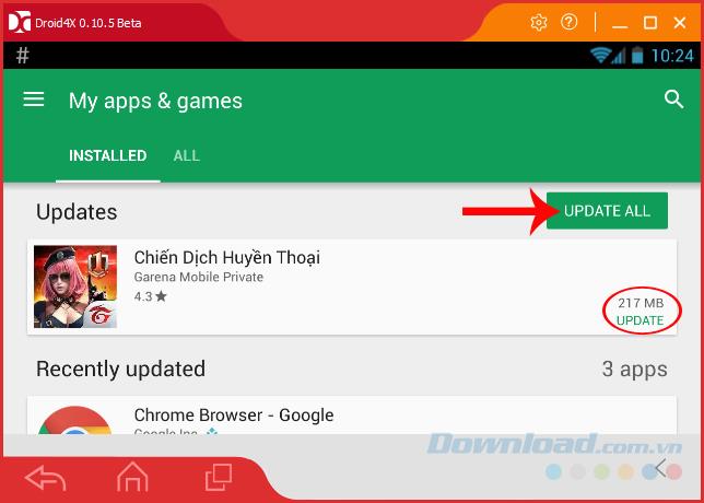 How to update the application installed on the Droid4X emulator