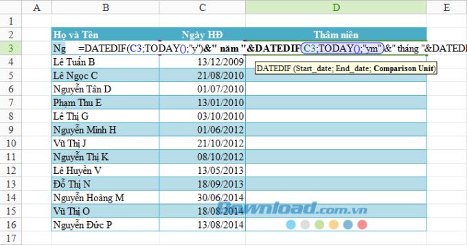 วิธีคำนวณความอาวุโสในสเปรดชีต Excel