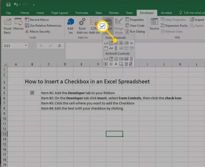 Petunjuk untuk memasukkan kotak centang di Excel
