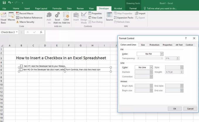 Arahan untuk memasukkan kotak pilihan dalam Excel