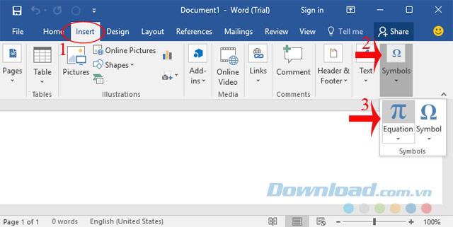 Bagaimana untuk memasukkan formula Matematik di Word 2016