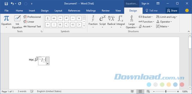 How to insert Math formulas in Word 2016