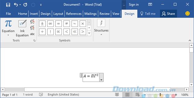 Bagaimana untuk memasukkan formula Matematik di Word 2016