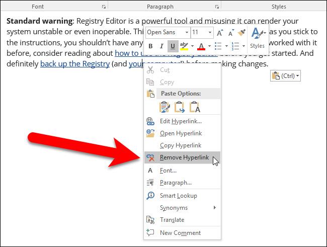 How to remove links, remove all links in Word
