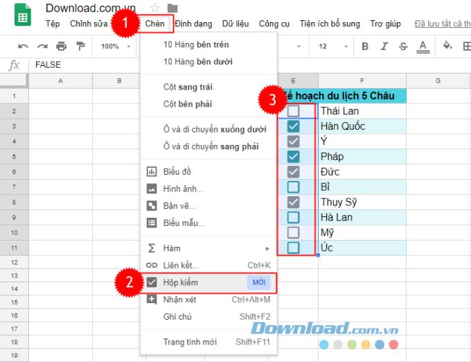 Anweisungen zum Einfügen des Kontrollkästchens in Google Sheets