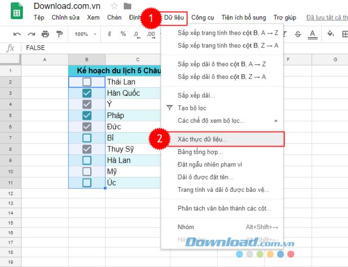 Instructions to insert Checkbox on Google Sheets