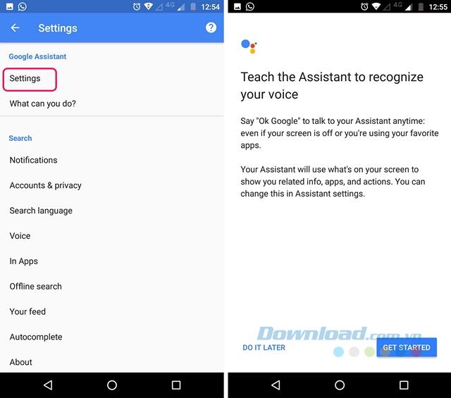 Instructions for activating Google Assistant on Android devices
