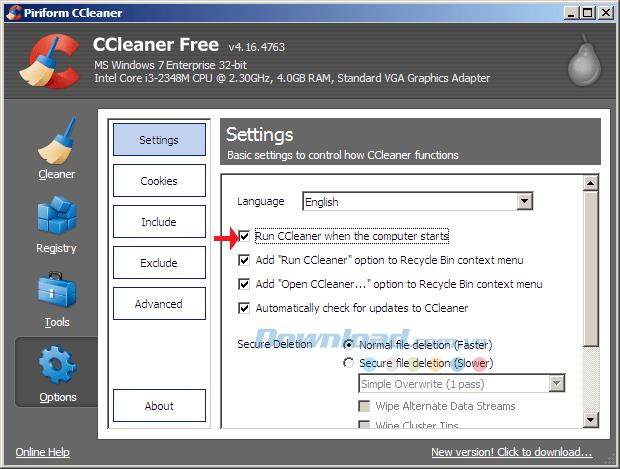 Cara mengatur CCleaner untuk memulai dengan Windows